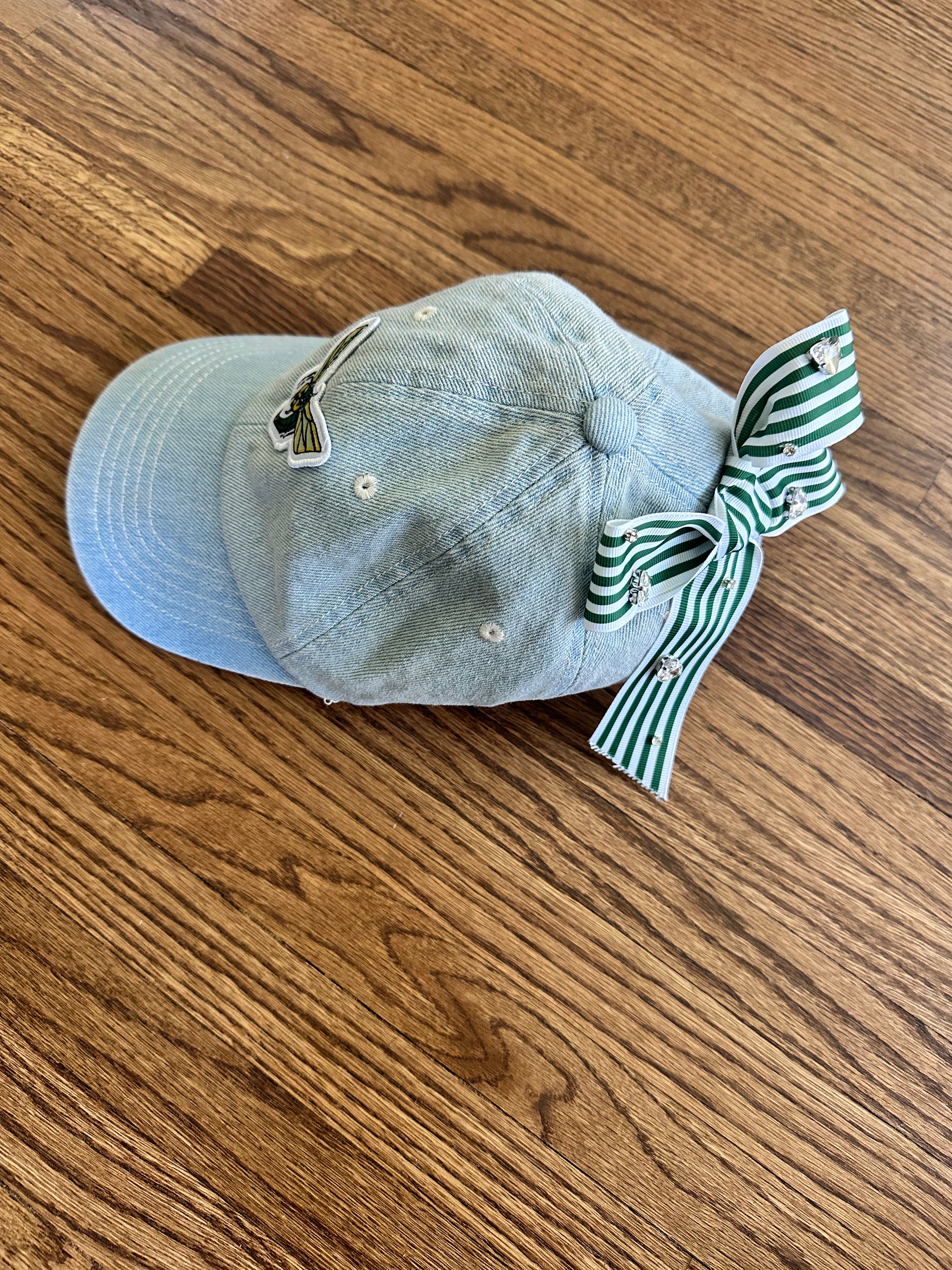 Denim Baseball Cap with Jeweled Bow